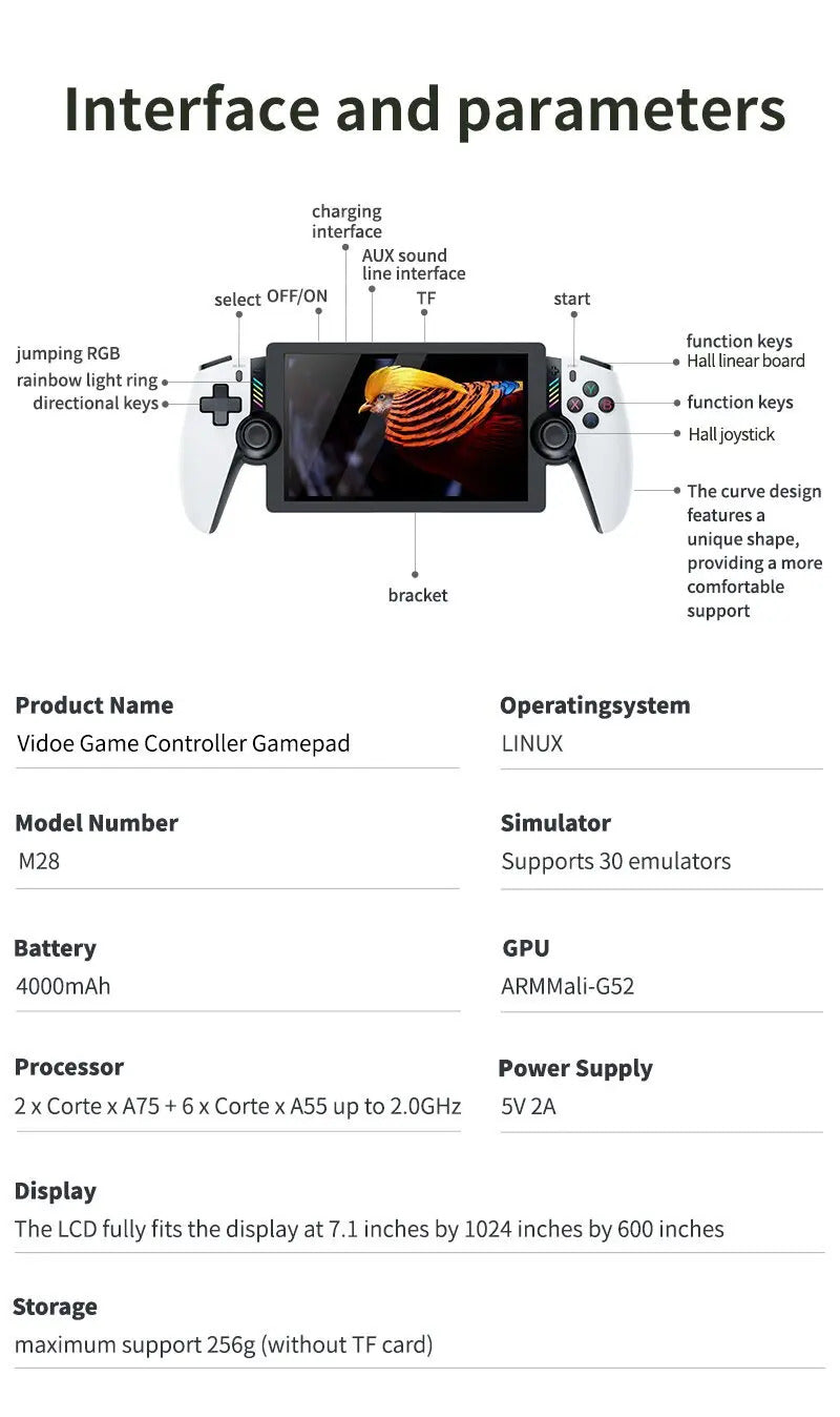 M28 Retro Handheld Game Console 7.1 Inch LCD HD Screen 30+ Emulators 128G 4000mAh PS2 3D Dual Analog Stick God of War Classic