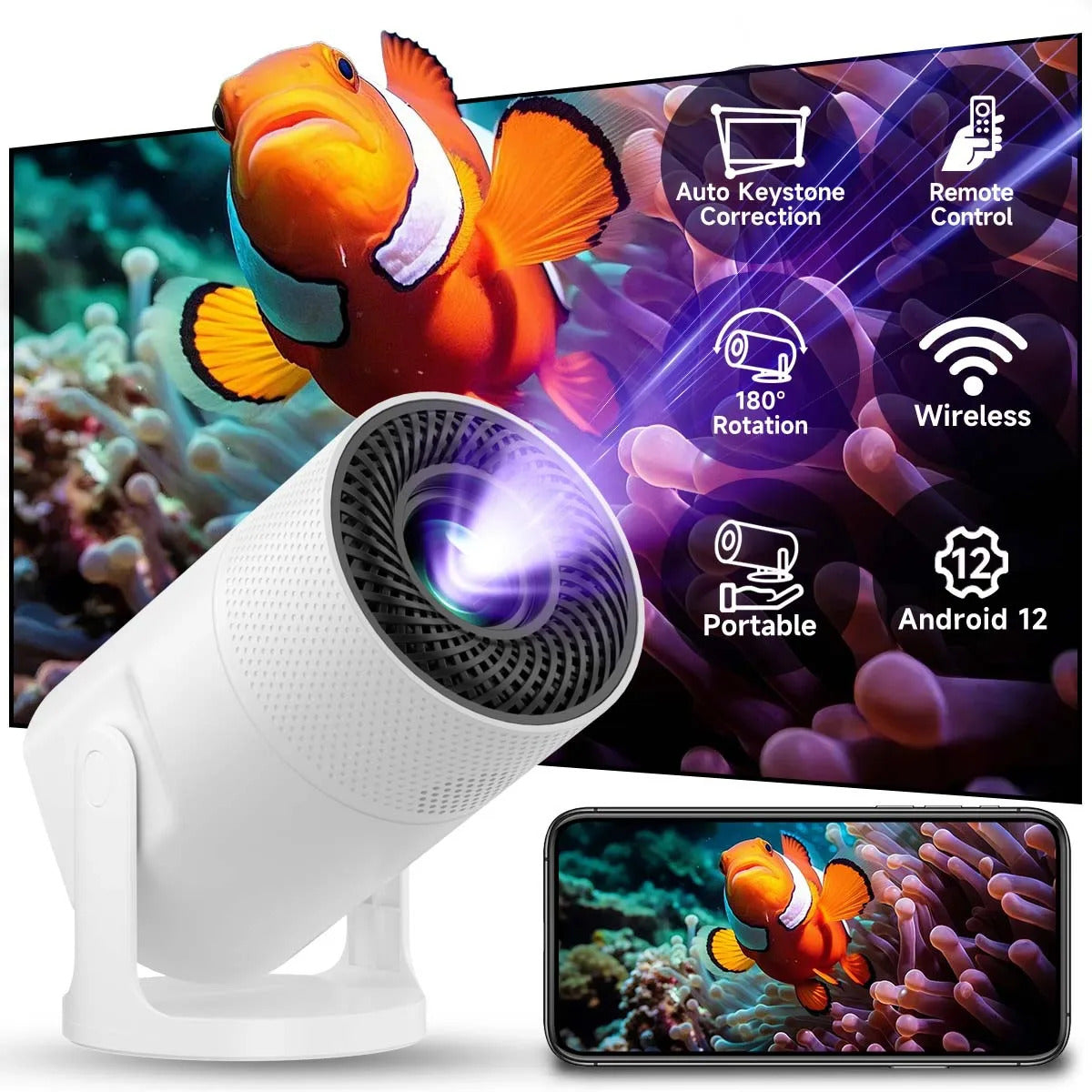 J2 Android 11 Projector 280 Lumens Dual WiFi6 + Bluetooth 5.0 4K Cinema HiFi Bass Speaker Camping Pro