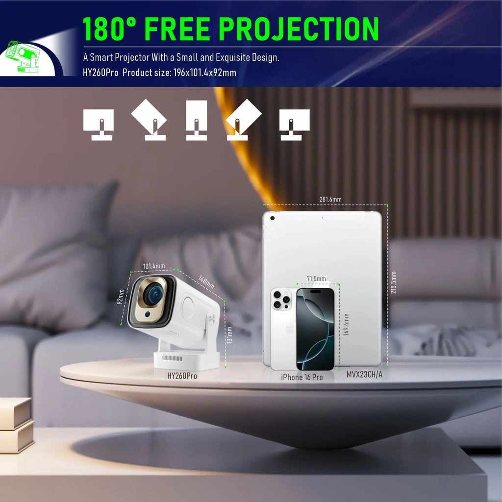 2025 HY260 PRO 1080P 1920x1080P Allwinner H713 Android 11 Projector 400ANSI Wifi6 BT5.4 Cinema Portable 180° Rotable Projector