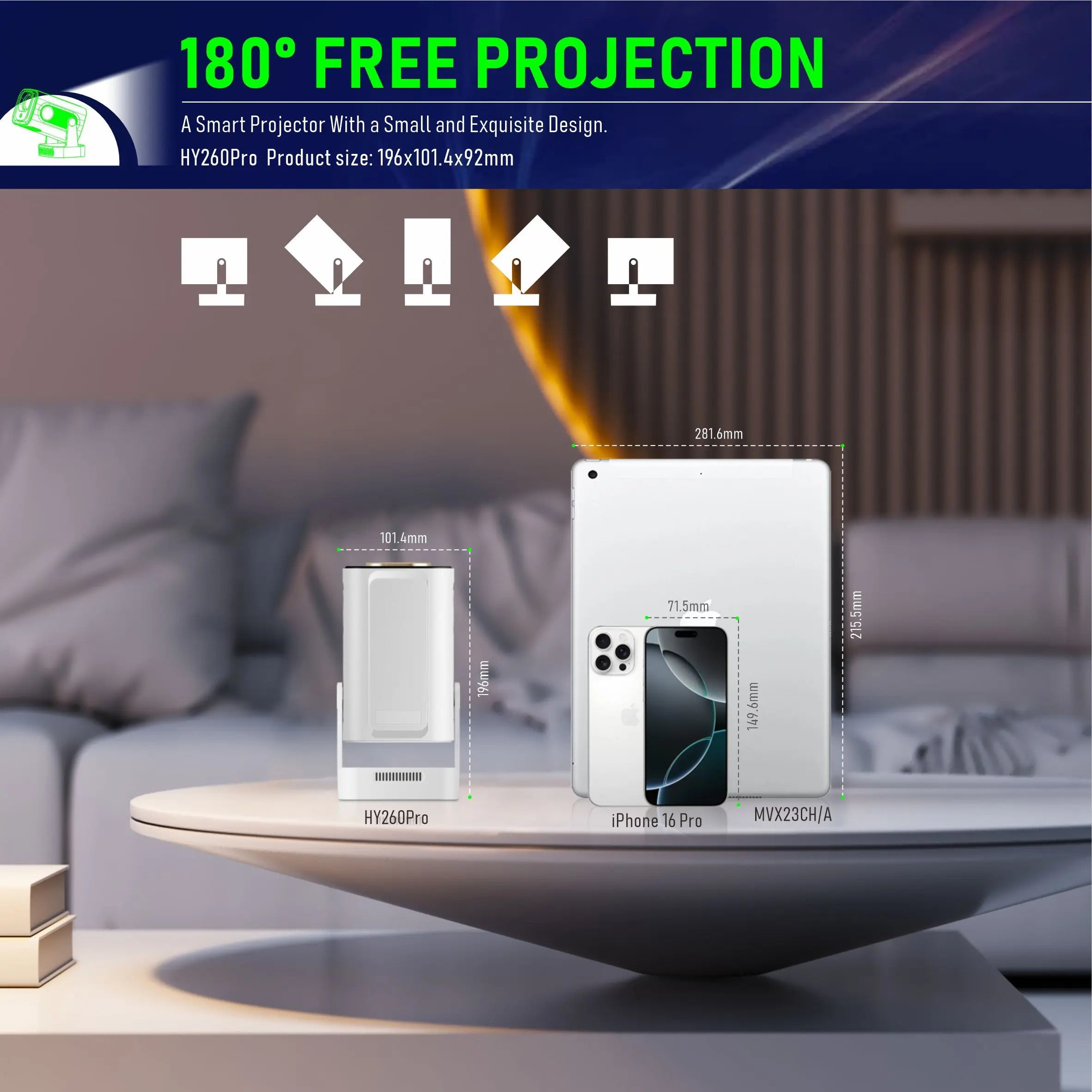 2025 HY260 PRO 1080P 1920x1080P Allwinner H713 Android 11 Projector 400ANSI Wifi6 BT5.4 Cinema Portable 180° Rotable Projector