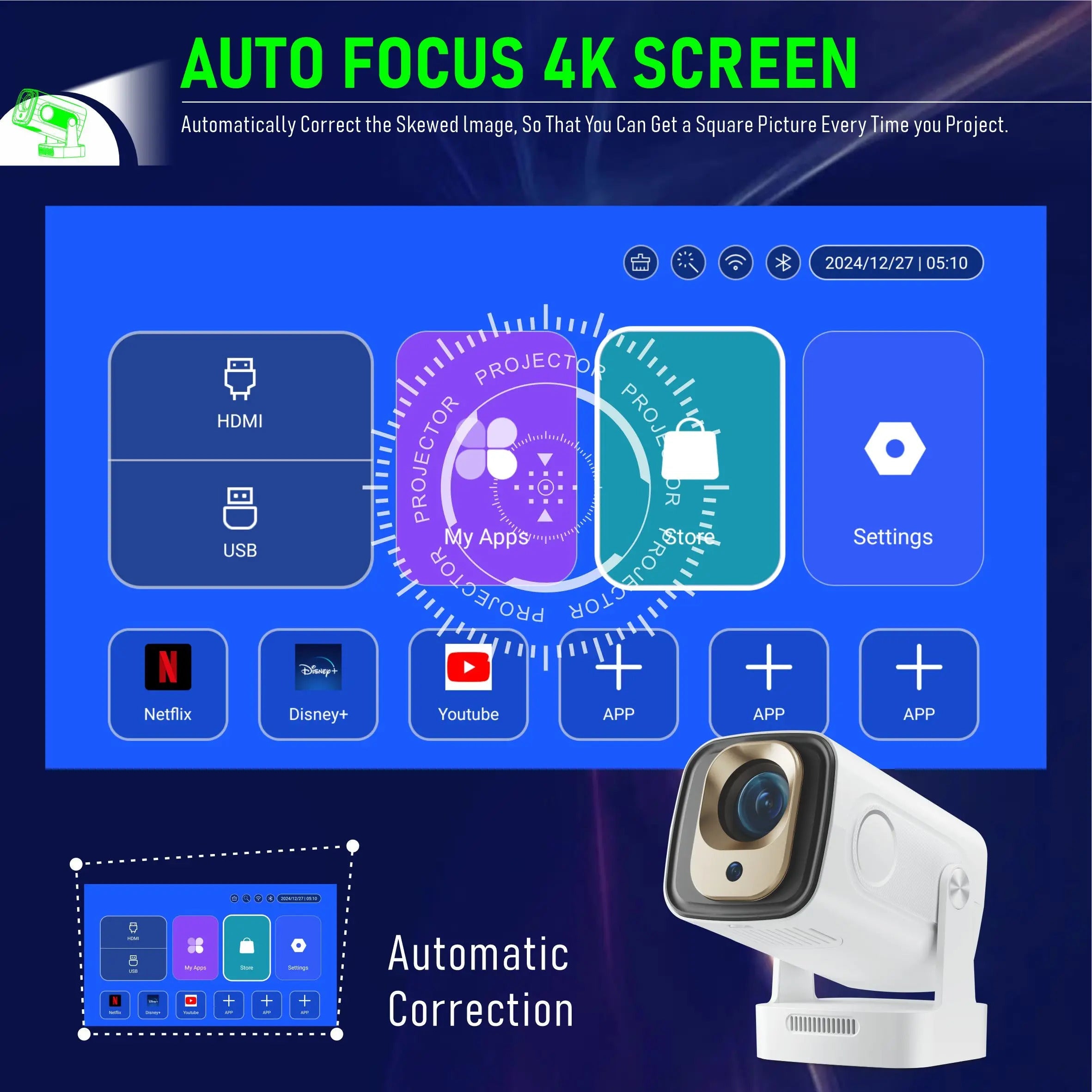 2025 HY260 PRO 1080P 1920x1080P Allwinner H713 Android 11 Projector 400ANSI Wifi6 BT5.4 Cinema Portable 180° Rotable Projector