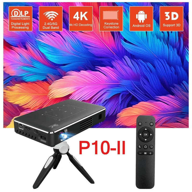 P10-II Portable DLP Android 9.0 Mini Projector Support 3D WIFI 100M RJ45 LAN Bluetooth 4.2 Home Cinema LED Video Projector 4K