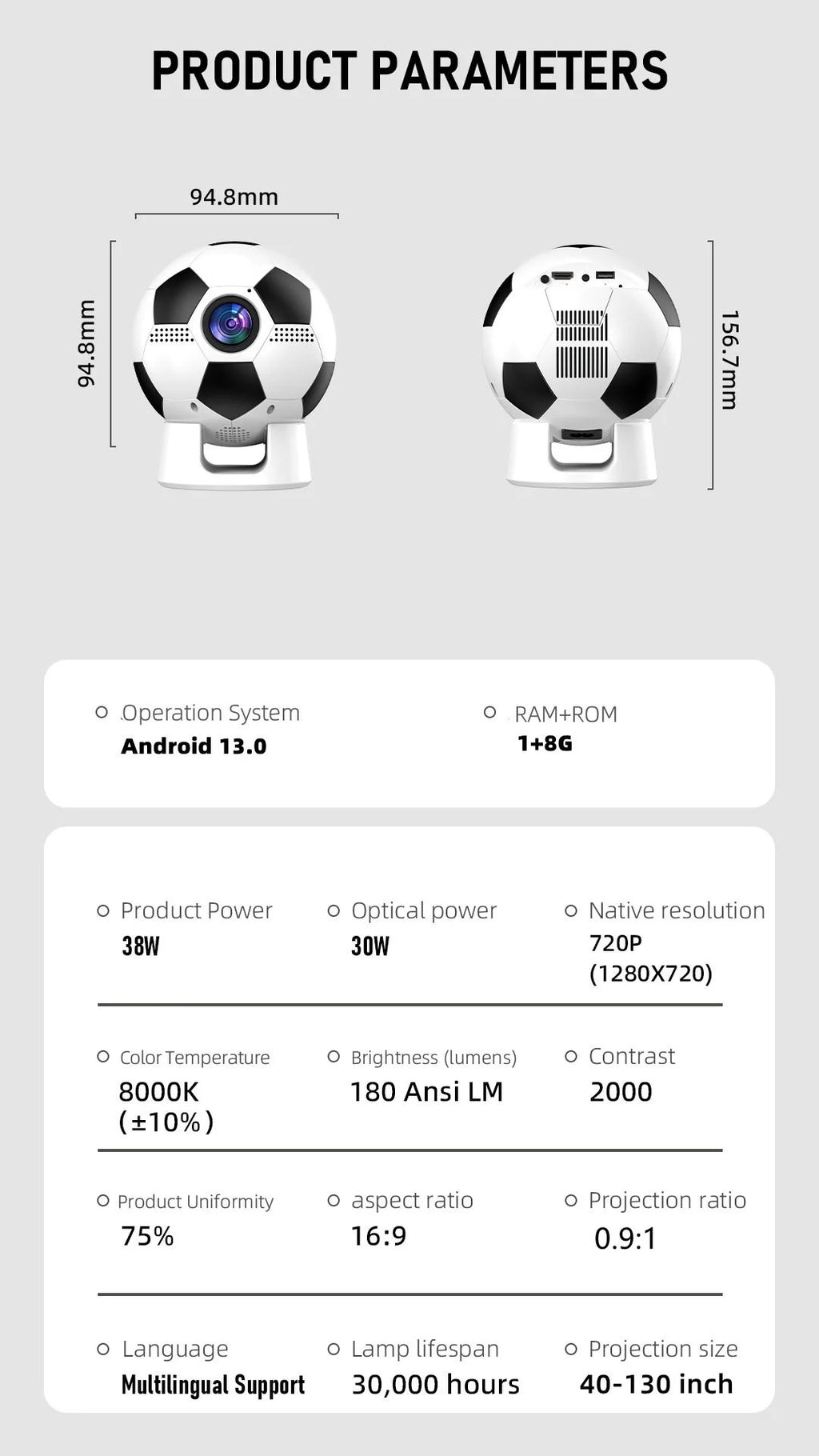 F20 HD portable football projector electric focus WiFi Android 4K PTZ home theater High-Definition Projector for Bedroom Wall