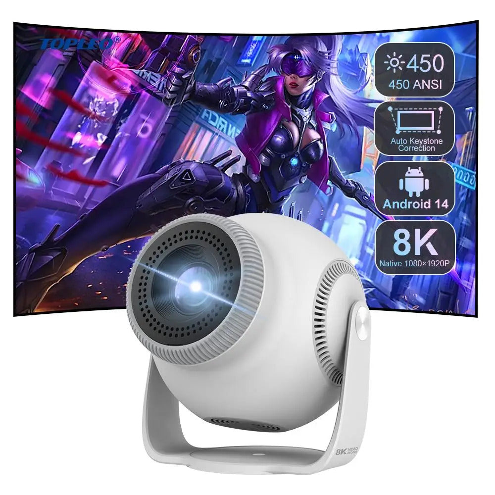 Velec TP360 Smart Projector: Android 14, 450 ANSI, 720P, supports 8K decoding, portable for outdoor and home entertainment.