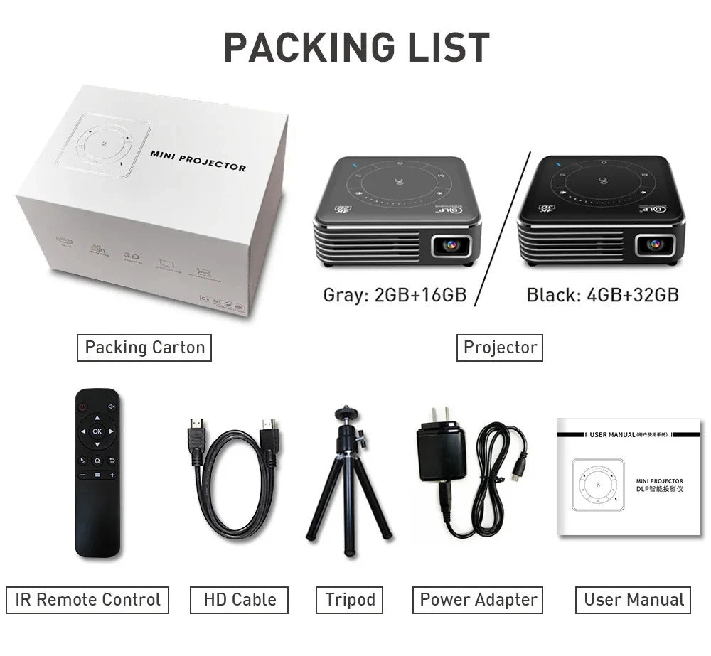 P11 DLP Projector Protable Android 9.0 Mini 3D Projector Dual WiFi Bluetooth4.0 4GB LPDDR4 32GB EMMC ARM Cortex A55 Video Palyer