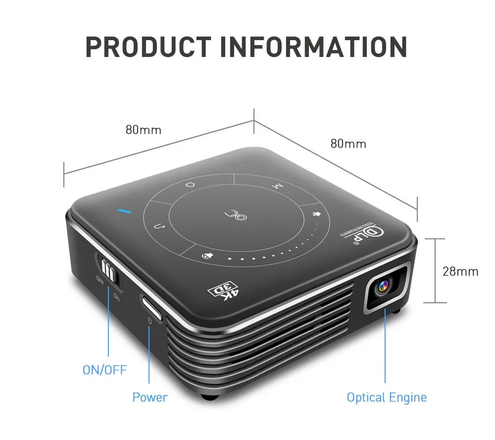 P11 DLP Projector Protable Android 9.0 Mini 3D Projector Dual WiFi Bluetooth4.0 4GB LPDDR4 32GB EMMC ARM Cortex A55 Video Palyer