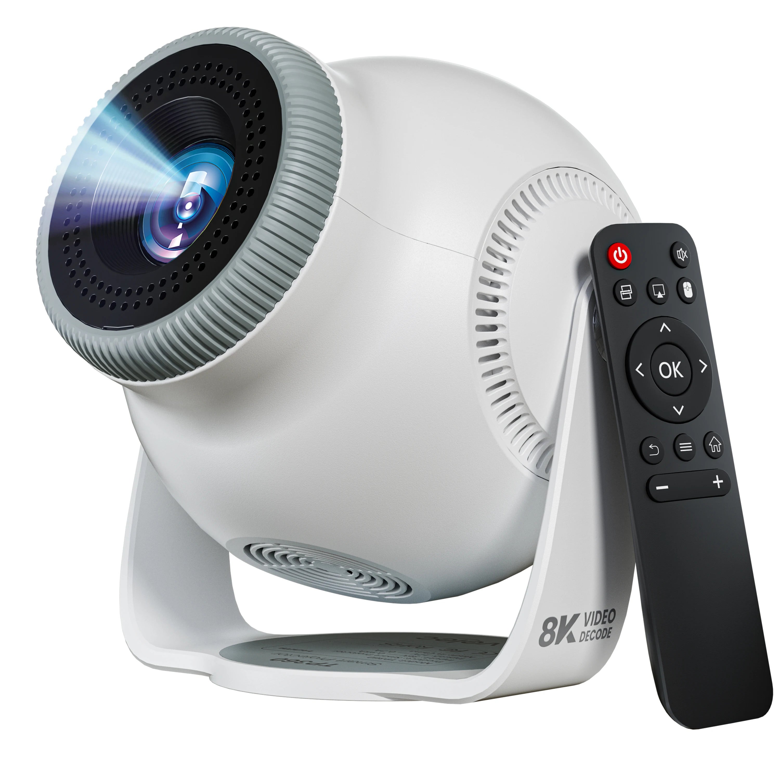Velec TP360 Smart Projector: Android 14, 450 ANSI, 720P, supports 8K decoding, portable for outdoor and home entertainment. white US Plug