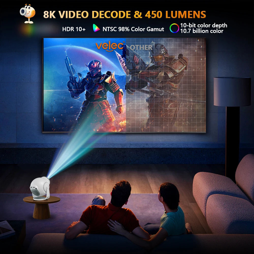 Velec TP360 Smart Projector: Android 14, 450 ANSI, 720P, supports 8K decoding, portable for outdoor and home entertainment.