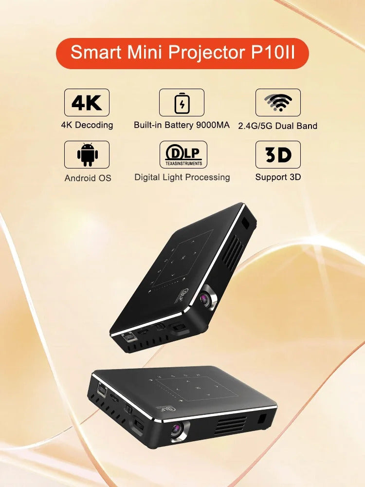 P10-II Portable DLP Android 9.0 Mini Projector Support 3D WIFI 100M RJ45 LAN Bluetooth 4.2 Home Cinema LED Video Projector 4K