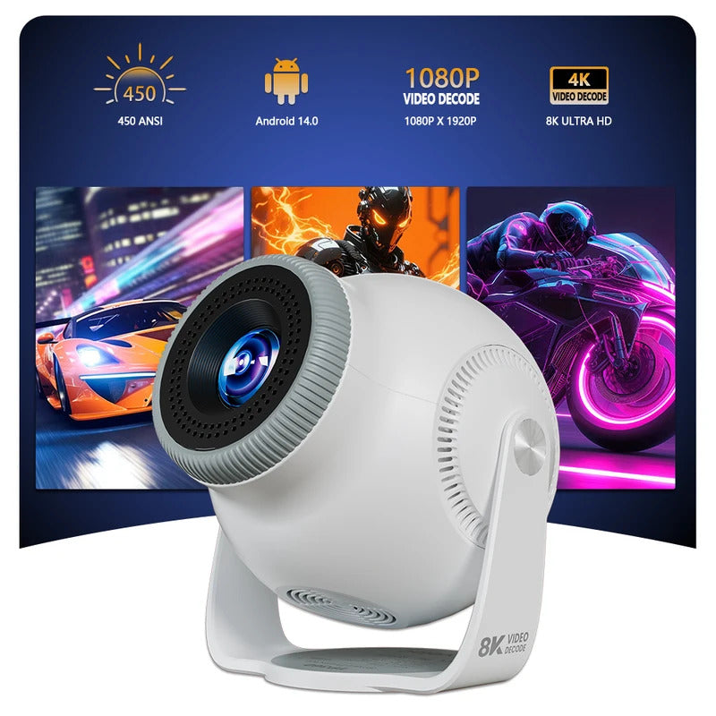 Velec TP360 Smart Projector: Android 14, 450 ANSI, 720P, supports 8K decoding, portable for outdoor and home entertainment.