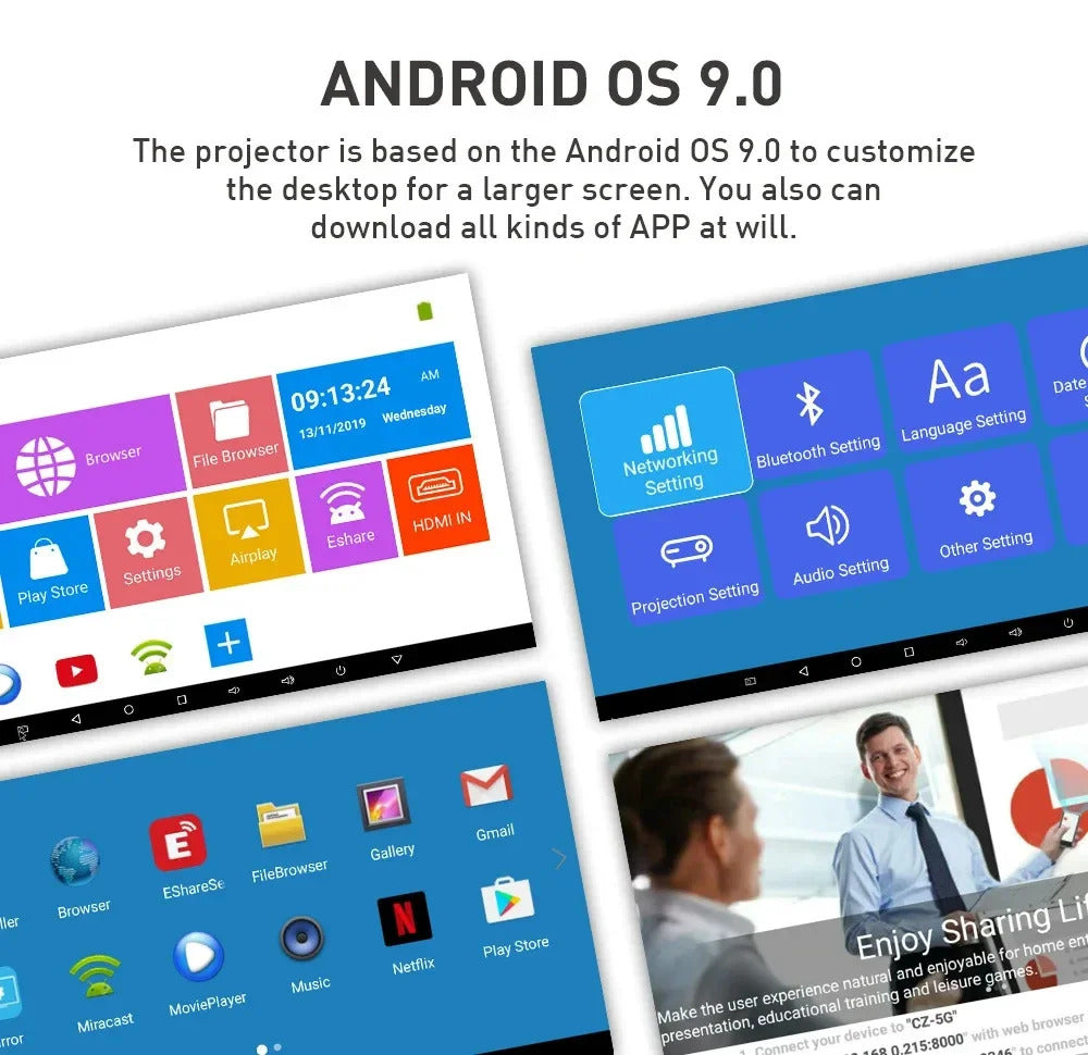P11 DLP Projector Protable Android 9.0 Mini 3D Projector Dual WiFi Bluetooth4.0 4GB LPDDR4 32GB EMMC ARM Cortex A55 Video Palyer
