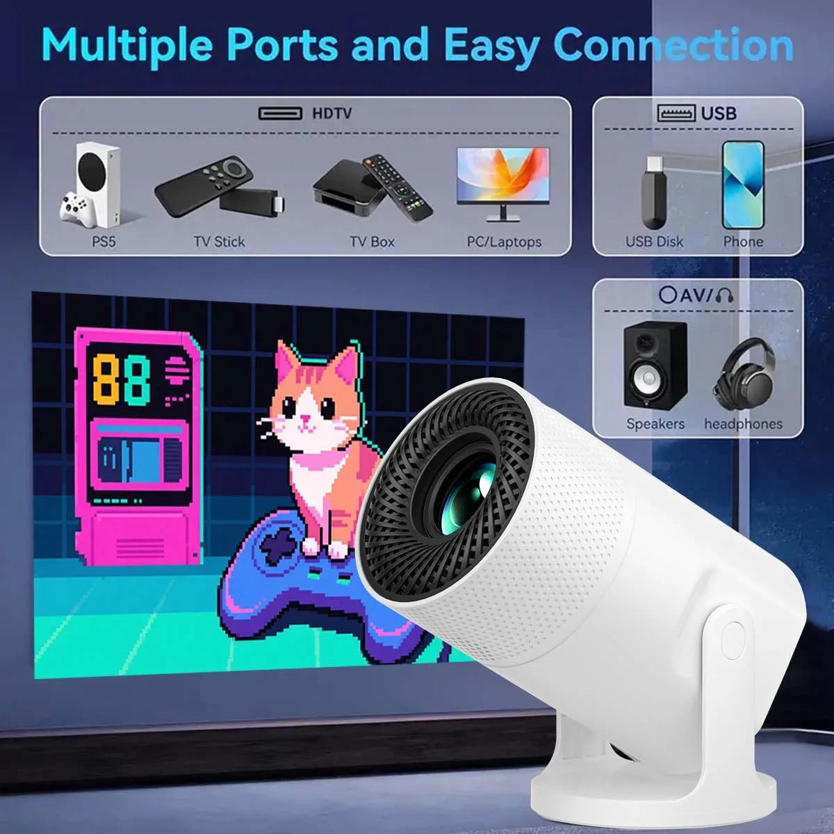 J2 Android 11 Projector 280 Lumens Dual WiFi6 + Bluetooth 5.0 4K Cinema HiFi Bass Speaker Camping Pro