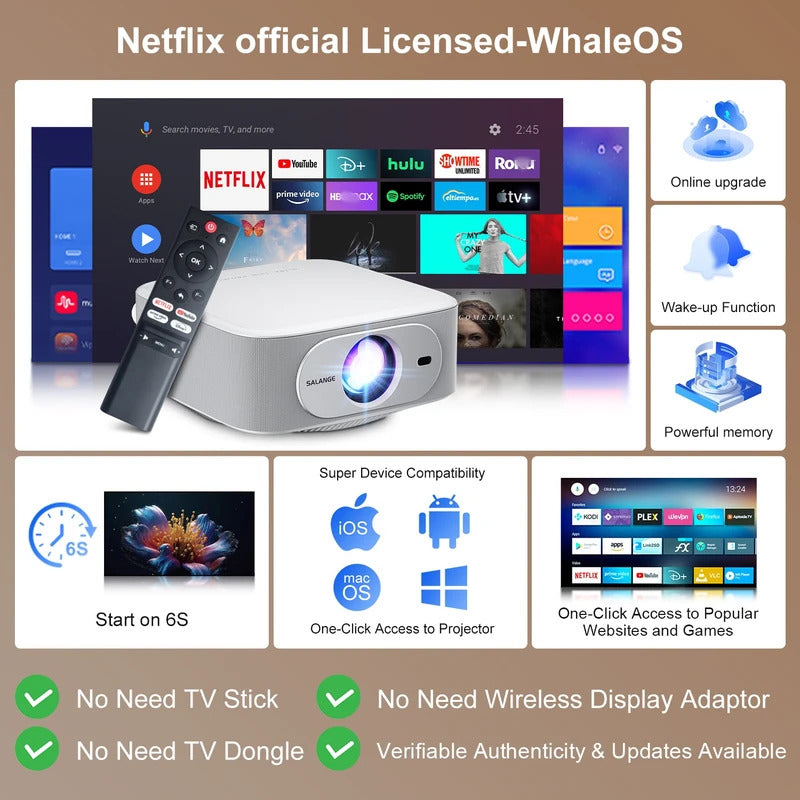 Salange Netflix Officially Licensed Android 13 P92MAX Smart 4K Projector 1080p Native Dual WiFi BT5.2 12000L Elec Focus HD Movie